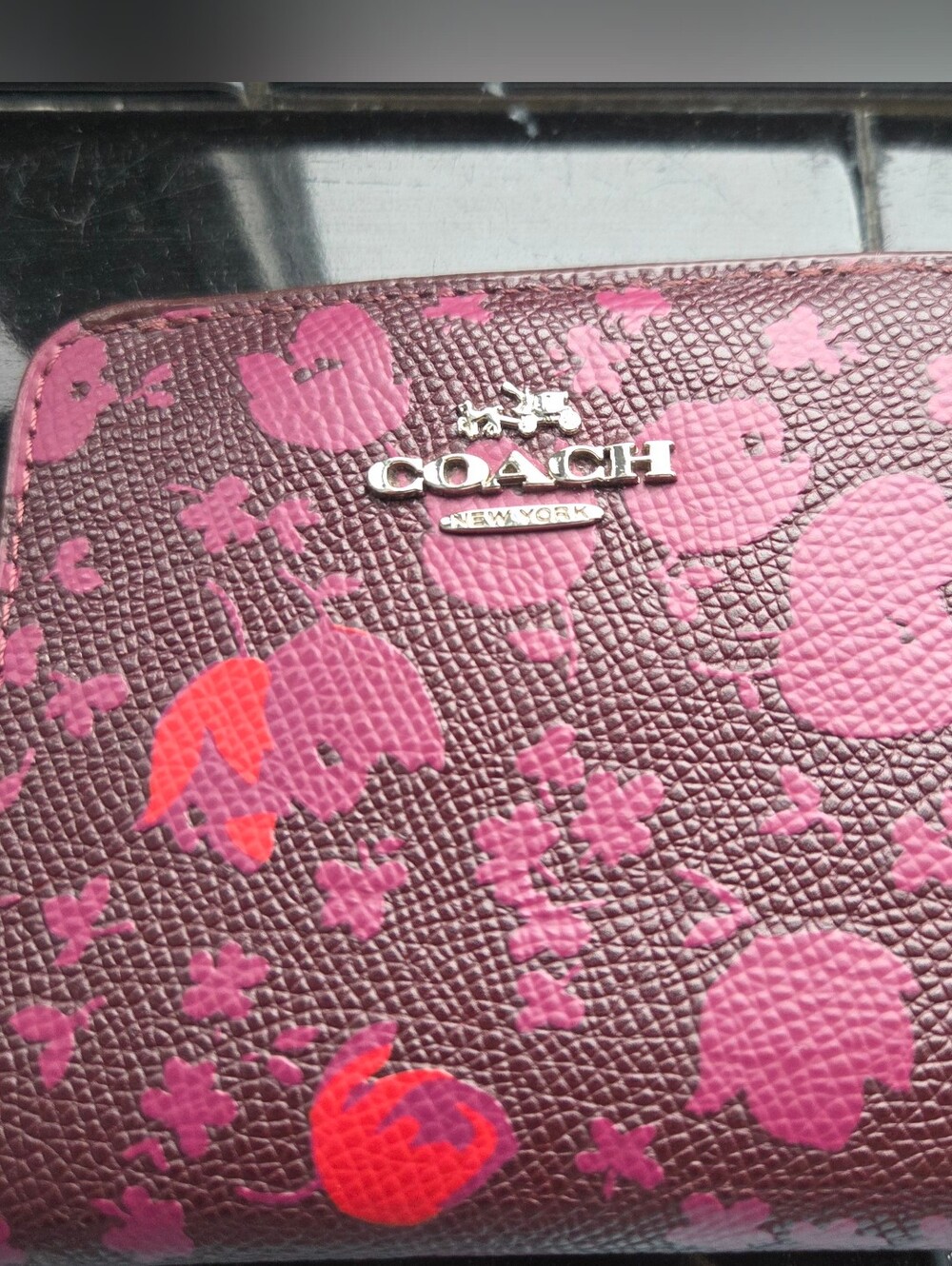 COACH Burgundy Floral Leather Zip Wallet with Pink and Red Accents